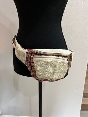Beautiful Neutral Woven Belt Bag with Red Accent Stripe Fanny Pack Bohemian Chic